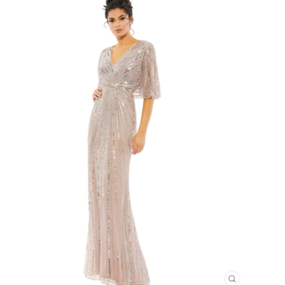 SEQUINED V NECK CAPE SLEEVE COLUMN GOWN Size 8 COLOR —Vintage Rose New With Tags